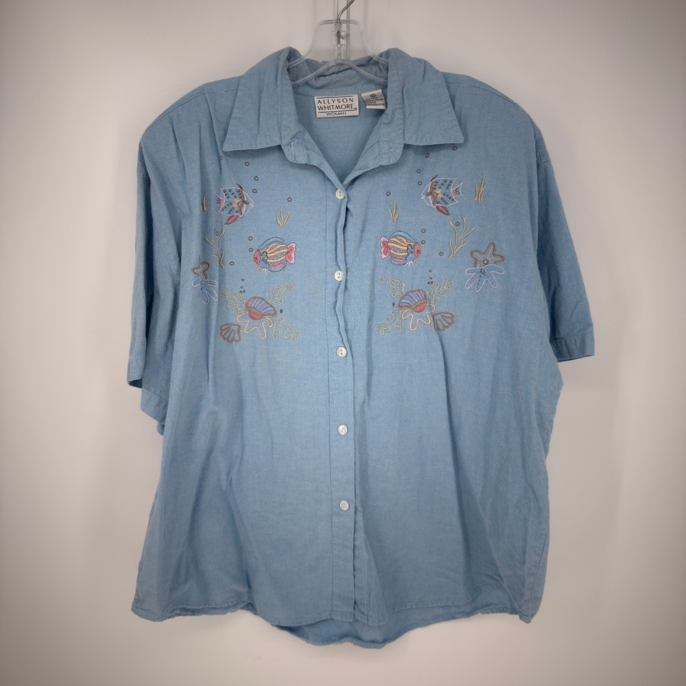 Allyson Whitmore Shirt Womens 3X Blue Embroidered Fish Cotton Coastal Vintage